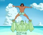 abs alien alien_humanoid beach ben_10 big_muscles brown_hair cartoon_network clothed clothing duo elemental_creature elemental_humanoid fan_character green_body hair hi_res holding_partner human human_on_humanoid humanoid interspecies larger_humanoid larger_male long_hair male male/male mammal mineral_fauna mineral_humanoid muscular muscular_humanoid muscular_male ottermajor partially_submerged pecs petrosapien seaside size_difference smaller_human smaller_male swimming_trunks swimming_trunks_only swimwear topless topless_male water xenophilia