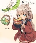  1girl animal artist_name blue_eyes blush bokukawauso bowl chopsticks cowboy_shot dragon eastern_dragon eating food grey_hair holding holding_bowl holding_chopsticks japanese_clothes kantai_collection long_hair long_sleeves looking_at_viewer mikura_(kancolle) noodles pleated_skirt rabbit red_skirt ribbon shrimp shrimp_tempura signature skirt soba solo tempura translation_request wss_(nicoseiga19993411) 