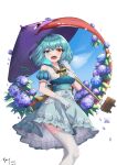  1girl absurdres adapted_costume blue_eyes blue_hair blue_sky breasts commentary dated flower heterochromia highres holding holding_umbrella hydrangea karakasa_obake looking_at_viewer open_mouth purple_umbrella qinyuzhen red_eyes signature sky solo tatara_kogasa teeth thighhighs tongue touhou umbrella upper_teeth_only white_thighhighs 