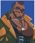  1boy absurdres animal_ears bara barret_wallace bear_boy bear_ears beard black_hair chest_belt dark-skinned_male dark_skin facial_hair final_fantasy final_fantasy_vii full_beard furrification furry highres huge_pectorals looking_ahead mature_male muscular muscular_male pectoral_cleavage pectorals short_hair solo sparse_chest_hair spiked_hair thick_beard thick_eyebrows underbust upper_body zhangkuu 