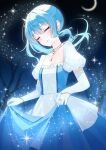  absurdres bibideba_(hololive) blue_dress cinderella closed_eyes crescent_moon curtsey dress earrings highres hololive hoshimachi_suisei jewelry magic moon necklace night side_ponytail sidelocks smile sparkle star_(sky) stud_earrings tree virtual_youtuber white_dress 