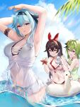  3girls absurdres amber_(genshin_impact) armpits arms_up bikini black_bikini black_hair blue_hair blue_sky breasts chinese_commentary cloud collei_(genshin_impact) commentary_request day eula_(genshin_impact) genshin_impact green_hair grin hair_ribbon highres innertube large_breasts lingshalan long_hair multiple_girls navel parted_lips purple_eyes red_bikini red_ribbon ribbon see-through shirt sky sleeveless sleeveless_shirt smile stomach swimsuit very_long_hair wading water white_shirt yellow_eyes 