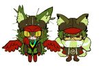  2boys animal_ears animal_hat black_coat black_footwear black_headwear boots cabbie_hat chibi closed_mouth coat colored_sclera commentary_request dual_persona fake_animal_ears feathered_wings full_body fur-trimmed_coat fur_trim glasses green_fur green_hair hair_between_eyes hat long_sleeves looking_at_viewer male_focus master_detective_archives:_rain_code monster_boy multiple_boys mystery_phantom oishikunatte_shintoujou red-framed_eyewear red_eyes red_wings round_eyewear short_hair simple_background standing white_background wings yellow_sclera zilch_alexander 