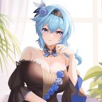  1girl absurdres bare_shoulders black_choker black_dress blue_hair breasts choker cleavage commentary_request dress eula_(genshin_impact) genshin_impact highres large_breasts lingshalan long_hair off-shoulder_dress off_shoulder official_alternate_costume short_sleeves solo upper_body 