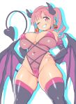  ;d absurdres alternate_costume ass_visible_through_thighs black_gloves black_thighhighs breasts covered_navel demon_horns demon_tail demon_wings earrings elbow_gloves fake_horns fake_tail fake_wings food-themed_earrings fujii_shingo gloves halloween_costume hand_on_own_hip highres horns hozuki_kaede jewelry large_breasts legs_apart leotard long_hair nail_polish one_eye_closed onii-chan_wa_oshimai! pink_hair pink_nails pumpkin_earrings see-through side_ponytail simple_background skindentation smile standing tail thighhighs white_background wings 
