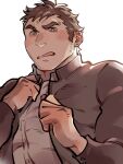  1boy bara blush gakuran green_eyes hands_up long_sideburns looking_at_viewer male_focus miha_yu1 raised_eyebrow sanpaku school_uniform sideburns sideburns_stubble solo surprised thick_eyebrows tokyo_afterschool_summoners uneven_eyes upper_body zao_(housamo) 