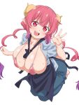  1girl blush breasts cleavage collarbone dragon_girl dragon_horns horns huge_breasts ilulu_(maidragon) kobayashi-san_chi_no_maidragon loliconder long_hair looking_at_viewer open_clothes open_mouth open_shirt pink_eyes pink_hair pointy_ears sharp_teeth slit_pupils smile solo teeth twintails 
