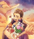  1boy bird blue_eyes blurry blurry_foreground bouquet box carnation collared_jacket commentary_request finger_frame flower gift gift_box hand_tattoo happy_birthday heart-shaped_box highres holding holding_bouquet holding_gift horns jacket male_focus one_eye_closed open_mouth purple_jacket ribbon robinson_(housamo) short_hair smile solo_focus sunset tass_commuovere tattoo textless_version tokyo_afterschool_summoners tulip upper_body white_ribbon 