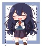  1girl black_hair black_skirt blue_background blush brown_footwear cellphone chibi closed_eyes collared_shirt egg_vibrator facing_viewer full_body hair_between_eyes hana_kazari highres holding holding_phone kimi_no_koto_ga_dai_dai_dai_dai_daisuki_na_100-nin_no_kanojo loafers long_hair long_sleeves open_mouth phone pleated_skirt puffy_long_sleeves puffy_sleeves sex_toy shirt shoes skirt socks solo standing sweater_vest translation_request two-tone_background very_long_hair vibrator wavy_mouth white_background white_shirt white_socks yoshimoto_shizuka 