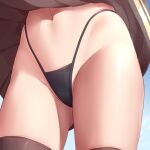  1girl azur_lane black_panties brown_skirt brown_thighhighs clothes_lift commentary_request commission crotch head_out_of_frame leipzig_(azur_lane) navel panties pixiv_commission skirt skirt_lift solo standing thighhighs thighs thong torimaru underwear 