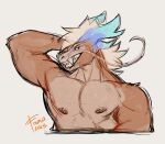 2023 anthro blue_horn bust_portrait colored_sketch dated dragon famir_(artist) fur furred_dragon grin hair horn looking_at_viewer male muscular muscular_anthro muscular_male nipples orange_body orange_fur portrait pose sharp_teeth signature simple_background sketch smile solo teeth white_background white_hair