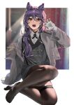  1girl absurdres animal_ear_fluff animal_ears bandaged_hand bandages black_nails blurry blurry_background brown_pantyhose claw_pose collared_shirt depth_of_field dress_shirt fangs feet genderswap genderswap_(mtf) grey_jacket grey_vest hair_between_eyes hand_up highres jacket kenmochi_touko legs long_hair long_sleeves nail_polish nijisanji no_shoes open_clothes open_jacket open_mouth pantyhose purple_hair red_eyes shirt skindentation sleeves_past_fingers sleeves_past_wrists solo thigh_strap toes tsumetsume_zerii vest virtual_youtuber white_shirt 