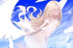  1girl absurdres angel_notes angel_wings bare_shoulders blonde_hair blue_sky blush breasts dress forehead halo highres long_hair looking_at_viewer parted_bangs sky small_breasts solo type-moon v/v white_dress wings yellow_eyes yubeshi_(zecxl) 