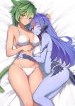  2girls animal_ears au_ra bikini blue_eyes blue_hair blue_scales blue_skin blush breasts cat_ears cat_tail cleavage closed_mouth colored_skin commentary_request commission dragon_girl dragon_horns dragon_tail facial_mark feet_out_of_frame final_fantasy final_fantasy_xiv from_above green_hair halterneck hand_on_another&#039;s_waist highres horns long_hair looking_at_viewer lying lying_on_person miqo&#039;te multicolored_hair multiple_girls navel on_back on_side one_eye_closed parted_lips pink_hair red_eyes scales skeb_commission streaked_hair swimsuit tail thighs torisanff14 two-tone_hair warrior_of_light_(ff14) white_bikini yuri 