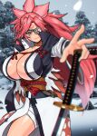  1girl akisu_k architecture baiken belt black_kimono blurry blurry_foreground breasts bright_pupils brown_eyes cleavage cowboy_shot depth_of_field east_asian_architecture facial_mark forehead_mark grey_sky grin guilty_gear guilty_gear_strive hair_intakes huge_breasts japanese_clothes katana kimono long_hair long_sleeves looking_at_viewer multicolored_clothes multicolored_kimono narrow_waist obi open_clothes open_kimono outline photo_background pink_hair rock sash scar scar_across_eye shiny_skin sky smile snow snowing solo spiked_hair sword thighs very_long_hair weapon white_kimono white_pupils wide_sleeves winter 