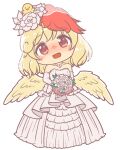  1girl animal_on_head bird bird_on_head bird_wings blonde_hair blush bouquet bridal_veil chick drawfag dress elbow_gloves feathered_wings flower gloves gyate_gyate hair_flower hair_ornament holding holding_bouquet jewelry long_hair multicolored_hair necklace niwatari_kutaka on_head open_mouth red_hair simple_background solo strapless strapless_dress touhou two-tone_hair veil wedding_dress white_background white_dress white_flower white_gloves wings yellow_wings 