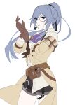  1girl alternate_costume ascot bag belt belt_bag black_shorts blue_eyes blue_hair brown_bag brown_belt brown_gloves brown_jacket brown_sleeves coattails detective fu_hua fu_hua_(hawk_of_the_fog) fu_hua_(valkyrie_accipiter) gloves grey_hair hair_between_eyes high_ponytail highres honkai_(series) honkai_impact_3rd jacket long_hair long_sleeves monocle official_alternate_costume open_clothes open_jacket ponytail purple_ascot shirt shorts simple_background solo suisui_292900 white_background white_shirt 