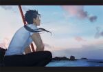  1boy alternate_costume blue_hair cigarette cloud commentary_request cu_chulainn_(fate) cu_chulainn_(fate/stay_night) earrings fate/stay_night fate_(series) from_behind from_side gae_bolg_(fate) jewelry letterboxed male_focus ocean outdoors pants polearm ponytail scenery shirt short_sleeves sitting sky smoking solo spear spiked_hair suda_ayaka t-shirt weapon wind 
