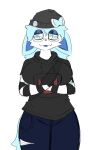 anthro beanie black_clothing blue_body blue_fur bow_(feature) breasts celeste_(lewdyblueberry) clothing ears_down eeveelution epic_games eyewear female fortnite fur generation_6_pokemon glasses hair hands_under_breasts hat headgear headwear hi_res hoodie lewdyblueberry meow_skulls_(fortnite) nintendo open_mouth pattern_clothing pin_button pivoted_ears pokemon pokemon_(species) solo striped_clothing stripes sylveon tail topwear trans_(lore) white_body white_fur
