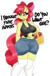 absurd_res accessory aged_up anthro anthrofied apple apple_bloom_(mlp) basket big_breasts bottomwear bow_ribbon breasts cleavage clothed clothing container dialogue earth_pony equid equine eyebrows female flutterthrash food friendship_is_magic fruit hair hair_accessory hair_bow hair_ribbon hasbro hi_res horse hotpants legwear long_hair mammal midriff my_little_pony orange_eyes plant pony portrait red_hair red_tail ribbons shorts signature simple_background solo standing stockings tail tan_body thigh_highs three-quarter_portrait topwear white_background wide_hips