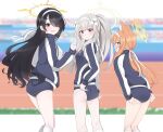  3girls alternate_costume alternate_hairstyle animal_ears ass black_hair blue_archive blue_eyes blurry blurry_background blush buruma cat_ears grey_hair gym_uniform hair_ornament halo highres hinata_(blue_archive) hoshino_ouka long_hair looking_at_viewer mari_(blue_archive) mari_(track)_(blue_archive) multiple_girls open_mouth orange_hair ponytail red_eyes sakurako_(blue_archive) track_and_field track_suit 