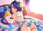  amamiya_kokoro bed bell blue_hair blush cropped dress game_console long_hair neit_ni_sei nijisanji orange_eyes thighhighs twintails yellow_eyes 