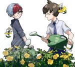  1boy 1girl blue_hair brown_hair closed_mouth collared_shirt flabebe flabebe_(yellow) florian_(pokemon) flower glasses grey_eyes holding holding_watering_can hood hoodie multicolored_hair necktie open_mouth penny_(pokemon) pokemon pokemon_(creature) pokemon_sv purple_necktie red_hair round_eyewear school_uniform shirt short_hair smile two-tone_hair uva_academy_school_uniform watering watering_can yellow_flower zui_fz 