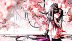  black_hair cherry_blossoms flowers long_hair original petals purple_eyes school_uniform skirt water yuzua 