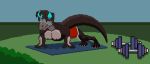 alien animated anthro clothed clothing covered_eyes digital_media_(artwork) doomgus exercise exercise_equipment glowing hi_res karnitz male nipples pixel_(artwork) pixel_animation simple_background solo tail