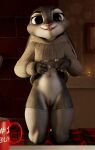 3d_(artwork) anthro clothed clothing clothing_lift detailed_background digital_media_(artwork) disney female front_view fur genitals grey_body grey_fur hi_res inside judy_hopps lagomorph legwear leporid mammal mug partially_clothed presenting purple_eyes pussy rabbit solo solo_focus sweater thick_thighs thigh_highs thirteeenth topwear wool_clothing zootopia