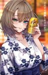  1girl ad bath_yukata beer_can blue_sash blurry blurry_background blush breasts brown_hair can collarbone commentary_request drink_can floral_print green_eyes holding holding_can idolmaster idolmaster_cinderella_girls indoors japanese_clothes kimono koya_(koya_x_00) looking_at_viewer medium_breasts medium_hair mole mole_under_eye sash signature smile solo takagaki_kaede translation_request upper_body white_kimono yukata 