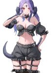  1girl au_ra belt black_shorts black_sleeves black_tube_top blush breasts cleavage closed_mouth commentary cowboy_shot detached_sleeves dragon_girl dragon_horns dragon_tail final_fantasy final_fantasy_xiv frilled_shorts frills hand_on_own_hip hand_up highres horns large_breasts long_hair looking_at_viewer midriff navel puffy_short_sleeves puffy_sleeves purple_hair red_eyes scales short_sleeves shorts simple_background skindentation solo straight-on strapless tail thigh_gap torisanff14 tube_top warrior_of_light_(ff14) white_background 