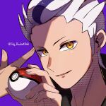  1boy drayton_(pokemon) highres holding holding_poke_ball jacket male_focus multicolored_hair open_clothes open_mouth poke_ball poke_ball_(basic) pokemon pokemon_sv purple_hair shirt short_hair smile solo twitter_username two-tone_hair white_hair yellow_eyes yomogi_dango_(sbj_rocketlink) zooming_in 