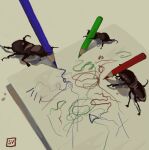  animal animal_focus artist_name beetle bug colored_pencil commentary drawing drawing_(object) english_commentary from_above highres holding holding_pencil no_humans original paper pencil scribble shadow signature simple_background stag_beetle swagvo1d 