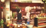  2girls abo_(kawatasyunnnosukesabu) apron brown_hair drink food hoodie original ponytail red_eyes shorts skirt white_hair 