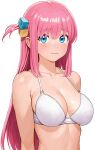  1girl absurdres bare_shoulders bikini blue_eyes blush bocchi_the_rock! bra breasts cleavage closed_mouth collarbone commentary_request cube_hair_ornament embarrassed gotoh_hitori hair_between_eyes hair_ornament highres large_breasts lips long_hair looking_at_viewer midriff one_side_up pink_hair raiden_(kdsn3783) simple_background solo swimsuit tearing_up underwear upper_body white_background white_bra 