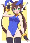  1girl absurdres aile_(mega_man_zx) animal_ears black_thighhighs blue_leotard blush breasts brown_hair buzzlyears green_eyes highres leotard long_hair looking_at_viewer medium_breasts mega_man_(series) mega_man_zx mega_man_zx_advent playboy_bunny ponytail rabbit_ears robot_ears solo thighhighs 