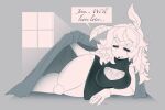 anthro arthropod bed big_breasts breasts cleavage cleavage_cutout clothed clothing eyes_closed feelers female furniture groggy hair hi_res insect kayptid lepidopteran lying monochrome moth on_side solo tired topwear under_covers
