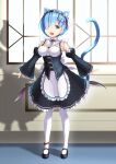  1girl animal_ears apron black_footwear blue_eyes blue_hair breasts cat_ears cat_tail hair_ornament hair_over_one_eye hazakura_shoha highres indoors maid_apron maid_headdress open_mouth re:zero_kara_hajimeru_isekai_seikatsu rem_(re:zero) roswaal_mansion_maid_uniform short_hair solo standing tail thighhighs white_thighhighs 