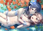  2girls bikini blue_hair blush brown_hair flowers headband mizuki_eiru_(akagi_kurage) navel original shoujo_ai swimsuit water 