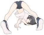 1girl 1ssakawaguchi ass black_hair blue_eyes blue_footwear blue_shorts blunt_bangs blush bob_cut closed_mouth clothes_lift commentary commentary_request denim denim_shorts foreshortening from_behind full_body hand_on_ground hand_to_head head_on_ground heel_up highres ichika_(1ssakawaguchi) jack-o&#039;_challenge kneepits light_blush looking_at_viewer looking_back loose_hair_strand midriff navel ok_sign original pursed_lips shirt shirt_lift shoes short_hair short_shorts short_sleeves shorts simple_background sneakers solo spread_legs t-shirt top-down_bottom-up two-tone_footwear v white_background white_footwear white_shirt 