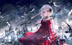  building clouds dress feathers night onineko original red_eyes ribbons sky stars white_hair 