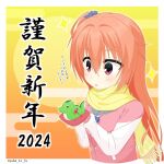  1girl 2024 animal blue_scrunchie blush border chinese_zodiac commentary_request dragon eyelashes fringe_trim hair_between_eyes hair_ornament hair_scrunchie hands_up happy_new_year highres holding holding_animal inaba_meguru jacket letterman_jacket long_hair looking_at_animal nengajou new_year one_side_up open_mouth orange_hair pink_jacket red_eyes sanoba_witch scarf school_uniform scrunchie sleeves_past_wrists solo sparkle translated twitter_username upper_body very_long_hair white_border white_sleeves year_of_the_dragon yellow_scarf yuba_to_fu 