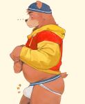 2023 anthro bear belly black_nose brown_body brown_fur bulge clothing ear_piercing ear_ring ellipsis fur hat headgear headwear hi_res hoodie jockstrap male mammal piercing ring_piercing simple_background solo topwear underwear yuuko891