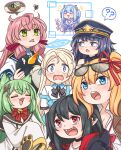  6+girls :d ? ?? ^_^ akashi_(azur_lane) akashi_(kancolle) animal_ear_headphones animal_ears apron arknights artery_gear azur_lane black-framed_eyewear black_choker black_hair black_headwear black_jacket black_sailor_collar blonde_hair blue_apron blue_archive blue_eyes blue_hair blush box breasts brown_jacket cardboard_box character_request choker cleavage closed_eyes closure_(arknights) collared_shirt commentary crossover dress english_commentary eyewear_on_head failure_penguin fake_animal_ears fangs girls&#039;_frontline glasses goddess_of_victory:_nikke green_eyes green_hair guin_guin hair_between_eyes halo hat headphones headset highres hood hood_down hooded_jacket jacket kalina_(girls&#039;_frontline) kantai_collection long_hair medium_breasts miss_cloud multicolored_hair multiple_crossover multiple_girls notice_lines one_side_up open_clothes open_jacket open_mouth peaked_cap pink_hair red_eyes red_hair sailor_collar sailor_dress shirt simple_background smile sora_(blue_archive) spoken_question_mark squiggle streaked_hair teardrop very_long_hair wavy_mouth white_background white_dress white_shirt wrist_cuffs 