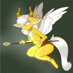 angel_dragon anthro chest_tuft collar cuffs_(clothing) dragon feathered_wings feathers fur green_eyes grey_body grey_fur hallie.spaniel holding_object holding_weapon horn jewelry kobold loincloth_only male open_wings solo staff tuft weapon wings yayuri yellow_horn