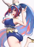  1girl :d absurdres alear_(female)_(fire_emblem) alear_(fire_emblem) alternate_costume animal_ears ass blue_eyes blue_hair blue_oni breasts character_doll commentary_request crossed_bangs fake_animal_ears fake_tail fire_emblem fire_emblem_engage gonzarez hair_between_eyes heterochromia highres large_breasts long_hair looking_at_viewer looking_back multicolored_hair official_alternate_hairstyle oni open_mouth ponytail rabbit_ears rabbit_tail red_eyes red_hair smile solo sommie_(fire_emblem) swimsuit tail teeth two-tone_hair upper_teeth_only very_long_hair white_background 