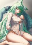  1girl absurdres animal_ear_fluff animal_ears arknights bare_legs barefoot blush bottomless breasts cat_ears cat_girl cat_tail cleavage collarbone collared_shirt green_eyes green_hair groin hair_between_eyes harmonie_(arknights) highres infection_monitor_(arknights) kurosabi_neko large_breasts long_hair long_sleeves looking_at_viewer naked_shirt no_pants open_clothes open_shirt parted_lips shirt sitting smile solo tail tail_ornament tail_ring thighs very_long_hair wariza wet wet_clothes wet_shirt white_shirt 