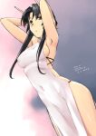  armpits arms_behind_head artist_name bare_hips black_hair breasts brown_eyes clothing_cutout covered_navel covered_nipples dated dress dutch_angle gradient_background kashiwagi_chizuru kizuato looking_at_viewer parted_bangs parted_lips robot_ears setsubun side_cutout sideboob sidelocks tsuina turtleneck_dress white_dress 