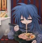  1girl :3 =_= ahoge blue_coat blue_hair blush_stickers bowl chopsticks closed_eyes coat commentary_request eating food highres holding holding_chopsticks hood hood_down izumi_konata kamaboko long_hair long_sleeves lucky_star meyou_0319 mole mole_under_eye narutomaki noodles nori_(seaweed) ramen slurping softboiled_egg solo spring_onion steam table 